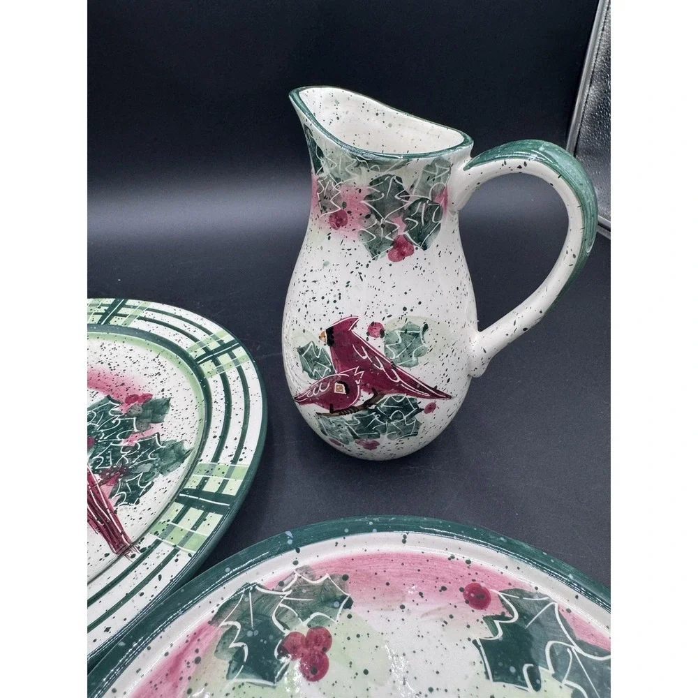 Vtg Christmas Cardinals Julie Ueland Cardinal Plate Cake Riser Plate Pitcher